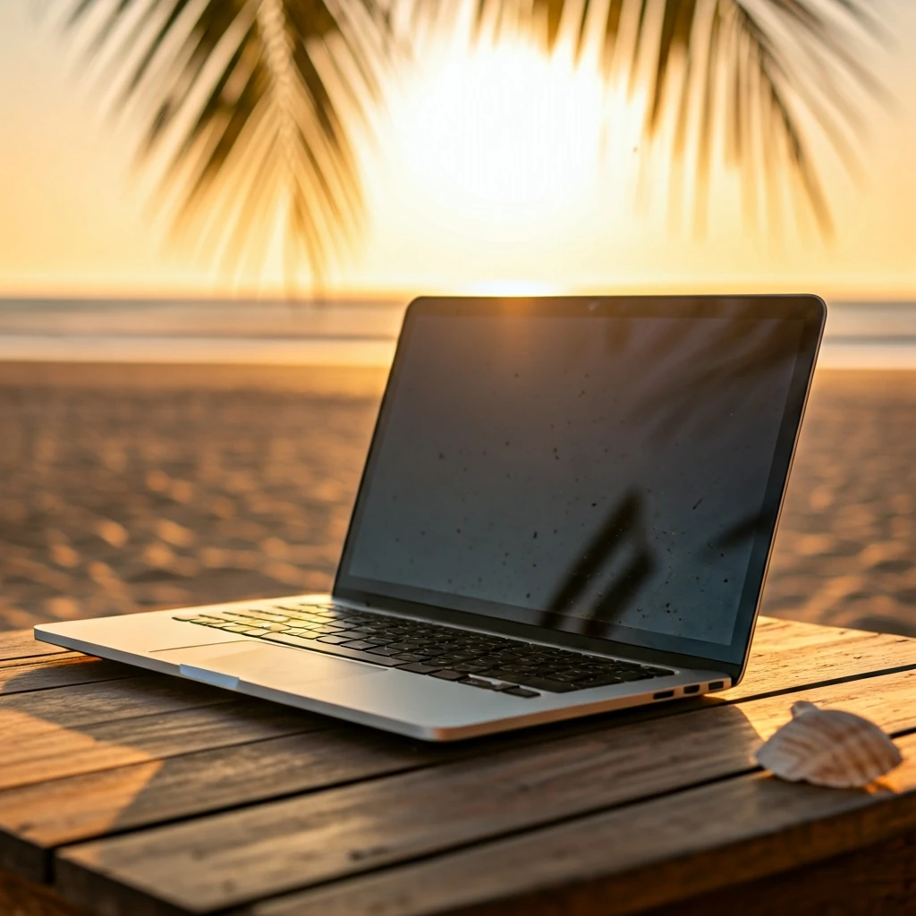 A laptop on a weathered wooden table on a quiet beach during golden hour, symbolizing the freedom and location independence of the digital nomad lifestyle.