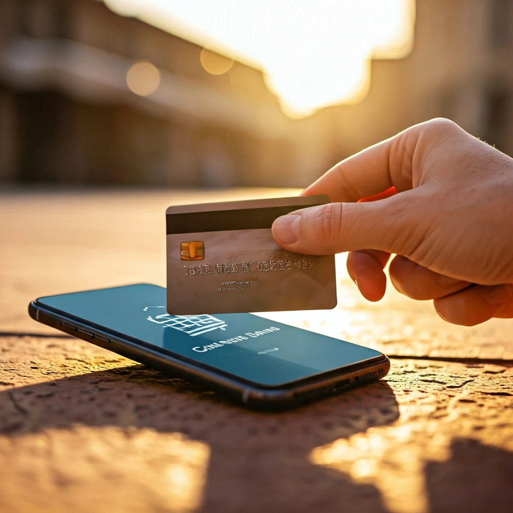 A close-up of a hand tapping a credit card on a smartphone displaying a cashback notification, set against a blurred foreign city backdrop.