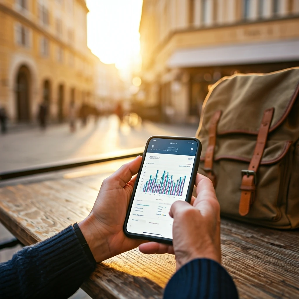 Close-up of hands using a detailed budgeting app on a smartphone at an outdoor cafe table, with a blurred, sunlit European city street in the background, illustrating a digital nomad's financial planning while traveling.