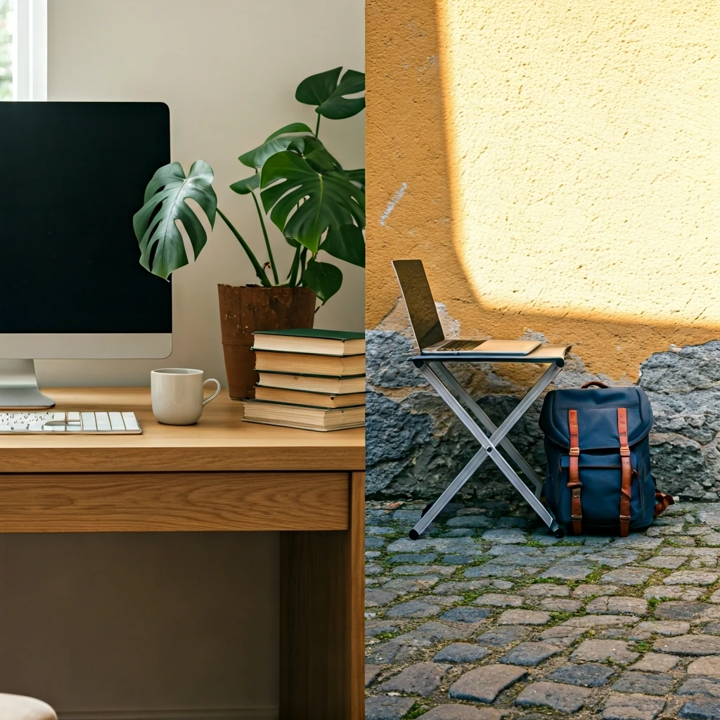 A split scene illustrating the difference between remote work and digital nomadism, showing a stable home office desk on one side and a portable laptop setup on a cobblestone path with a travel backpack on the other.