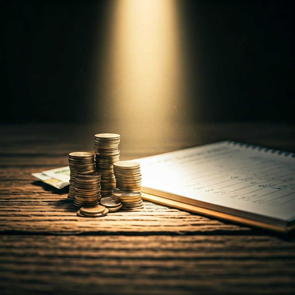 A close-up, low-angle shot of various coins and small bills meticulously stacked next to an open family budget template, illuminated by a warm beam of sunlight, symbolizing careful financial tracking and savings.