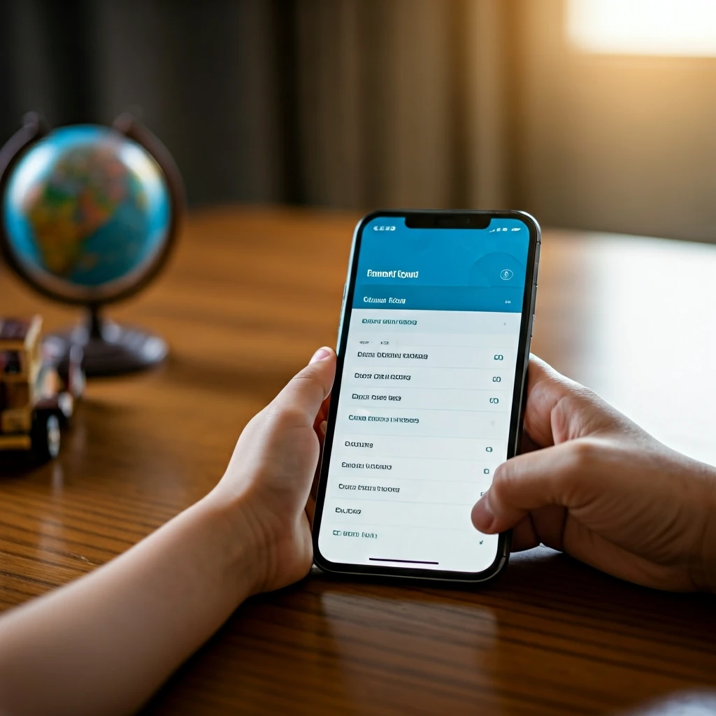 A smartphone displaying a family budgeting app with savings goals, surrounded by miniature travel and car models, symbolizing future planning and financial control.