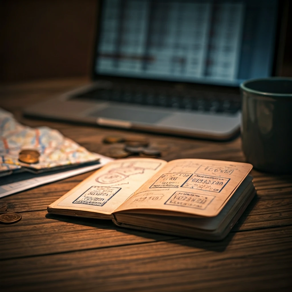 A close-up of a digital nomad's desk, cluttered with an open passport, foreign coins, a crumpled map with highlighted routes, and a laptop, illustrating the complexities of international tax residency and financial management.