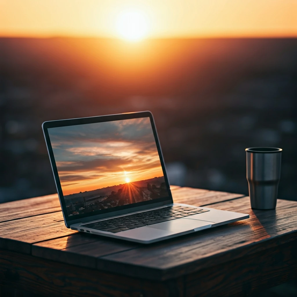 A powerful laptop sits on a wooden table, bathed in early morning golden light, symbolizing the central tool for a digital nomad's work and life on the road.