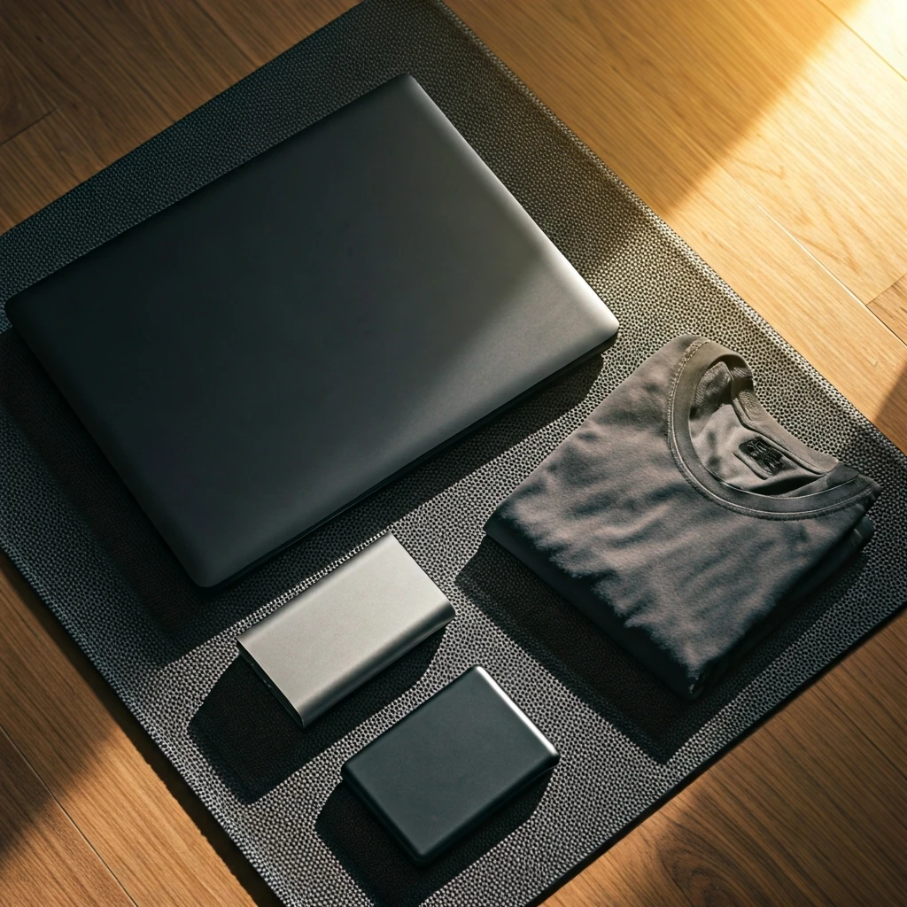 A curated selection of durable, multi-purpose digital nomad gear including a laptop, power bank, and travel shirt, laid out on a mat, symbolizing smart, budget-conscious packing.
