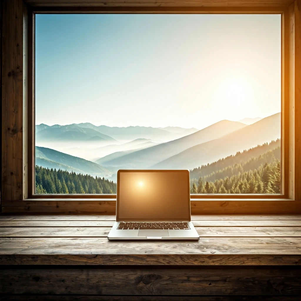 A laptop on a rustic wooden desk inside a mountain cabin, overlooking a vast, misty mountain landscape, symbolizing the digital nomad lifestyle.