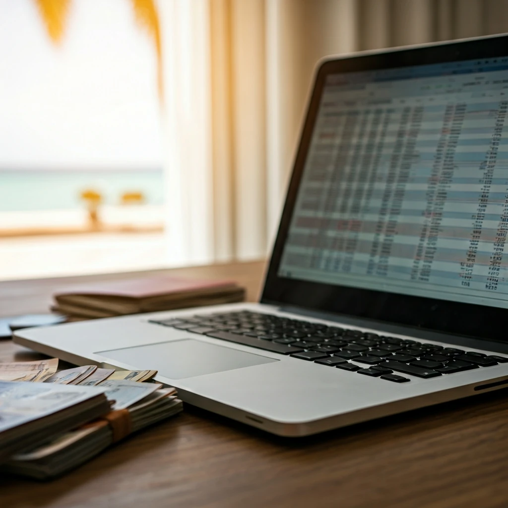 A close-up of a laptop displaying a complex financial spreadsheet, surrounded by foreign currency, a passport, and credit cards on a wooden table, with a blurred exotic beach in the background.
