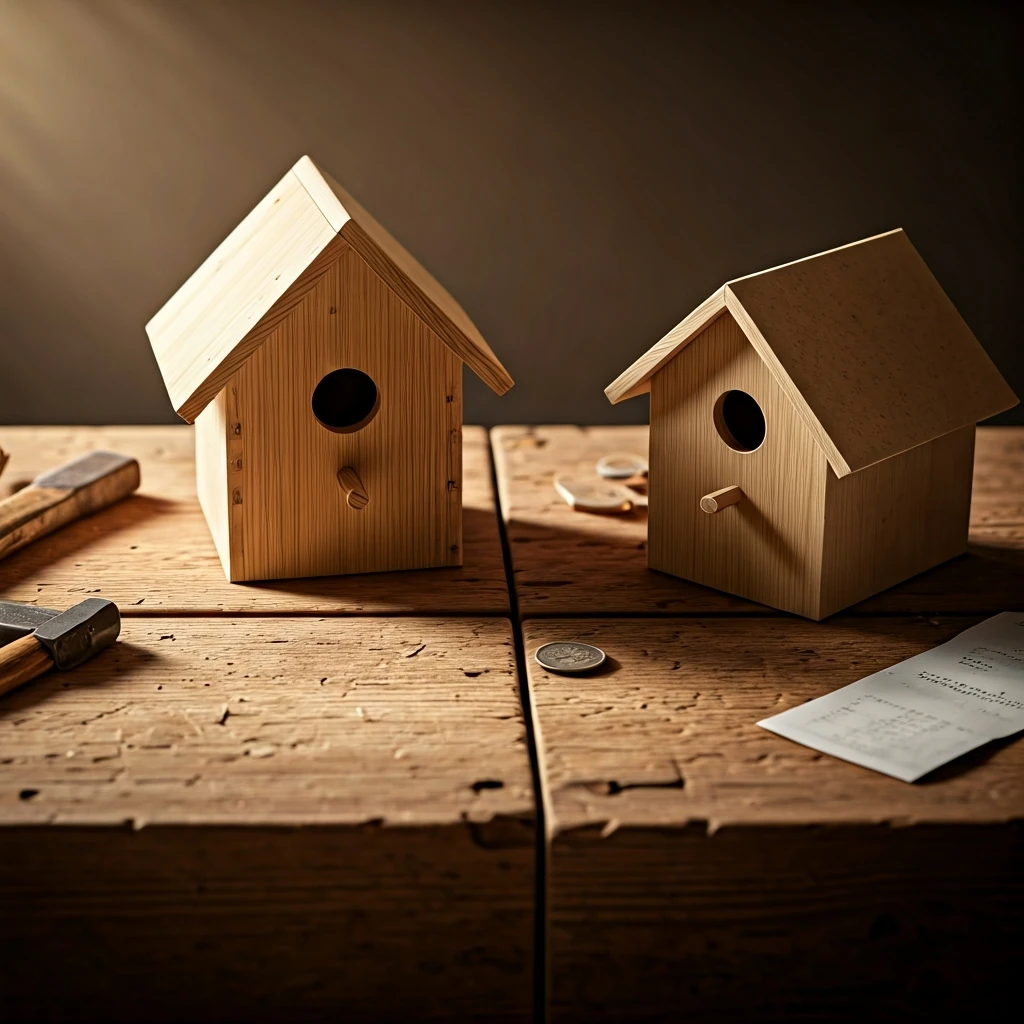 A close-up shot of a rustic wooden table displaying a half-finished DIY project with tools on one side, and a neatly packaged store-bought item with a crumpled receipt on the other, symbolizing the family's budget decision.