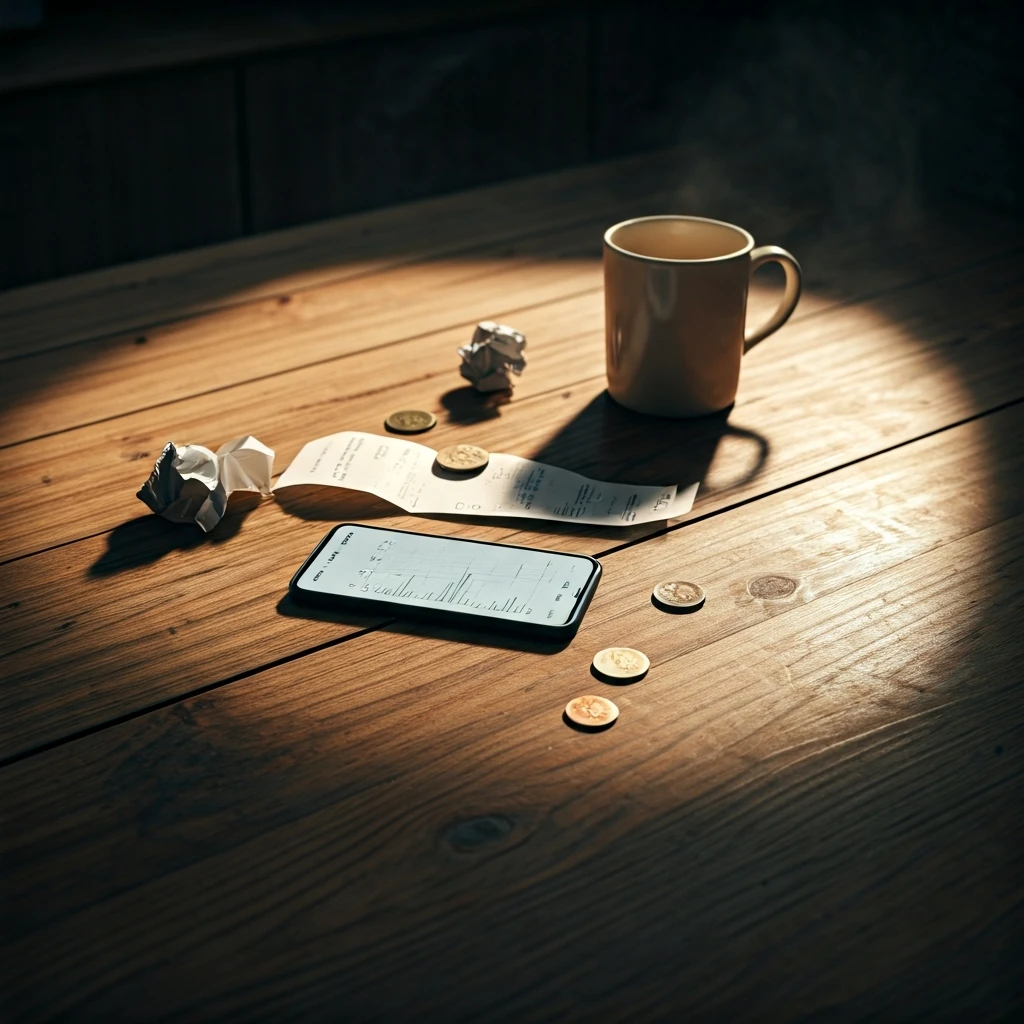 An intimate, high-angle view of a kitchen table in the early morning, featuring a smartphone displaying an expense tracking app, alongside crumpled receipts and scattered coins, symbolizing financial clarity.