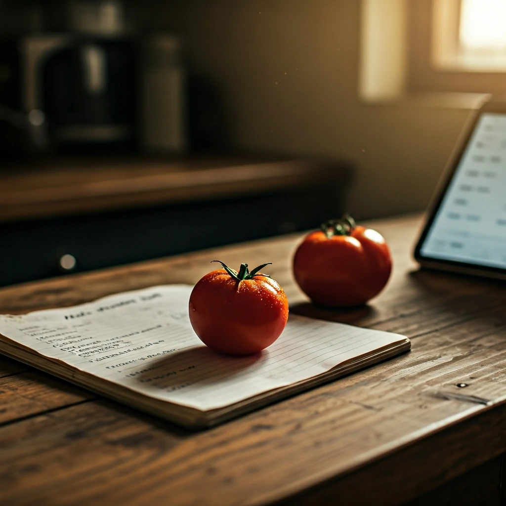 A close-up shot of a handwritten meal planning guide next to a tablet displaying a financial app on a rustic kitchen counter, symbolizing modern home economics.