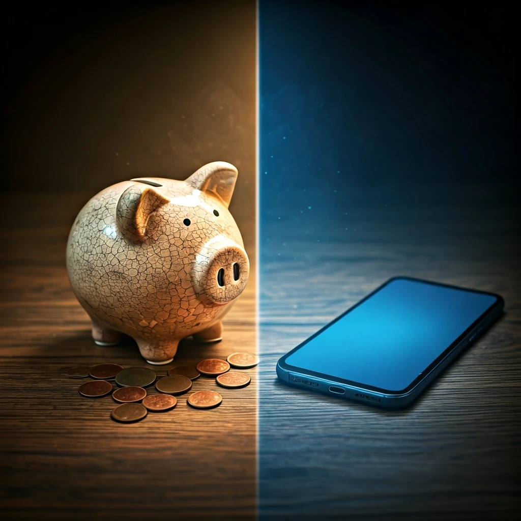 A vintage ceramic piggy bank juxtaposed with a modern smartphone displaying a digital coupon application, symbolizing the evolution of home savings strategies.