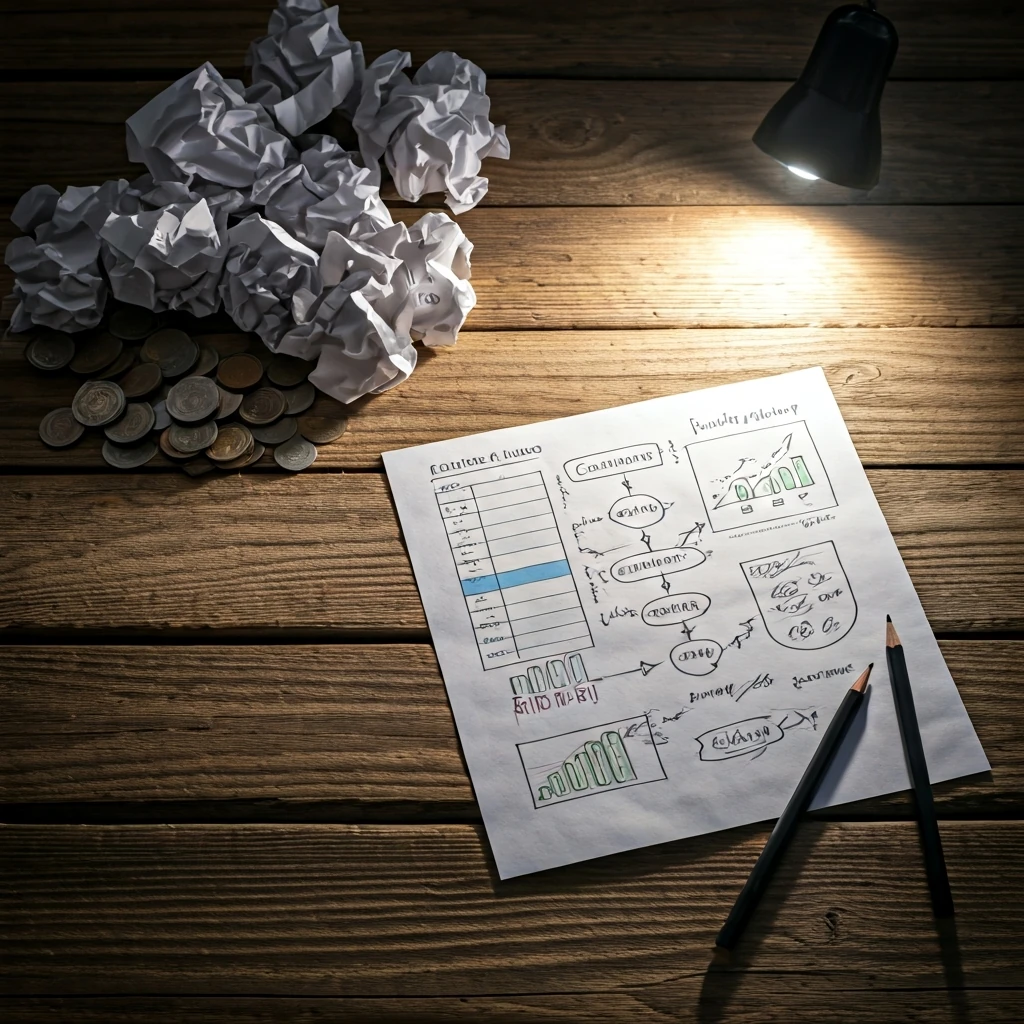 A high-angle view contrasting a messy pile of household bills and receipts with a detailed, organized financial blueprint, symbolizing the shift to advanced budgeting methods.