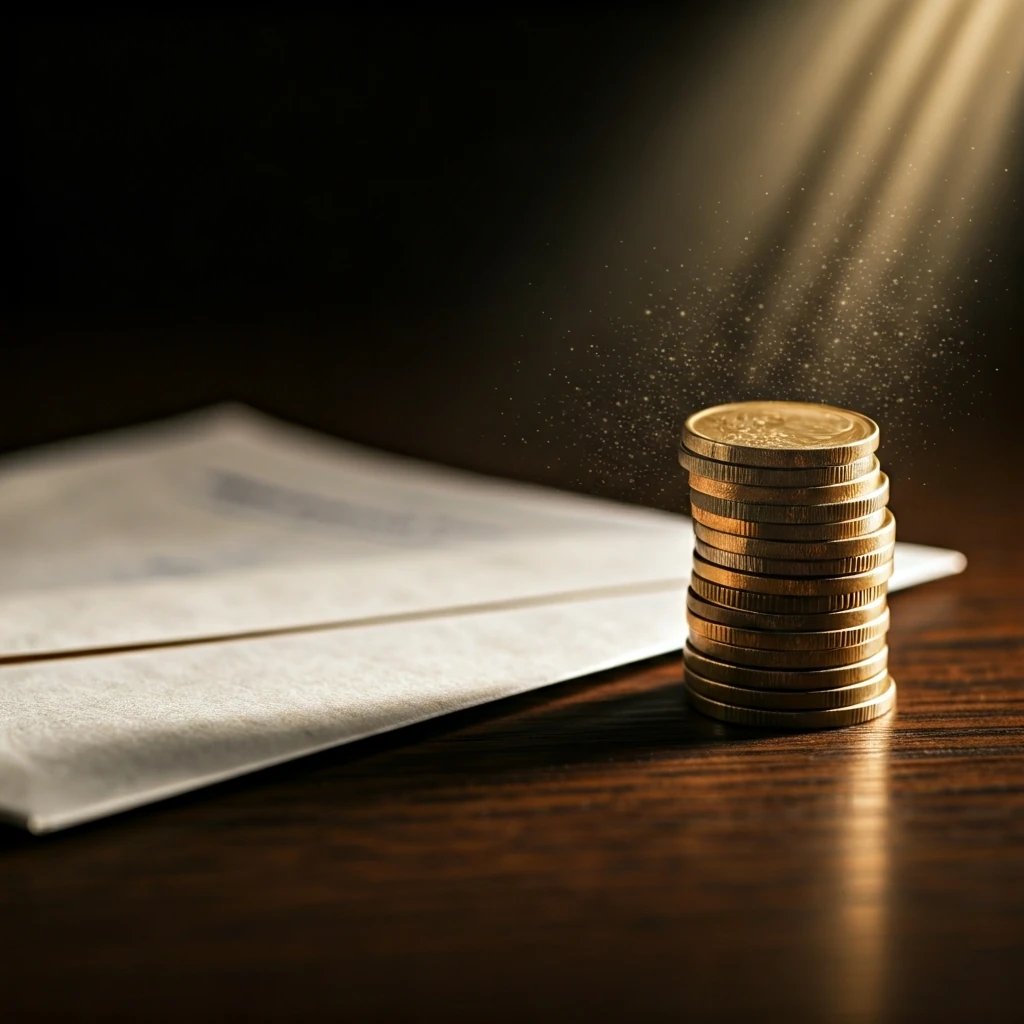 A macro photograph of a small stack of shiny coins next to a utility bill envelope, illustrating the accumulation of cashback rewards to reduce household expenses.
