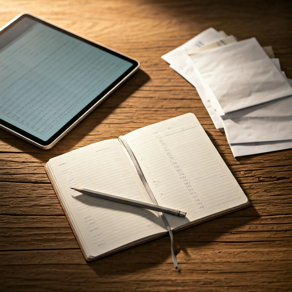 A meticulously organized financial planning setup with a budgeting notebook, tablet showing a spreadsheet, and neatly stacked bills on a rustic wooden table, symbolizing a family's financial roadmap.