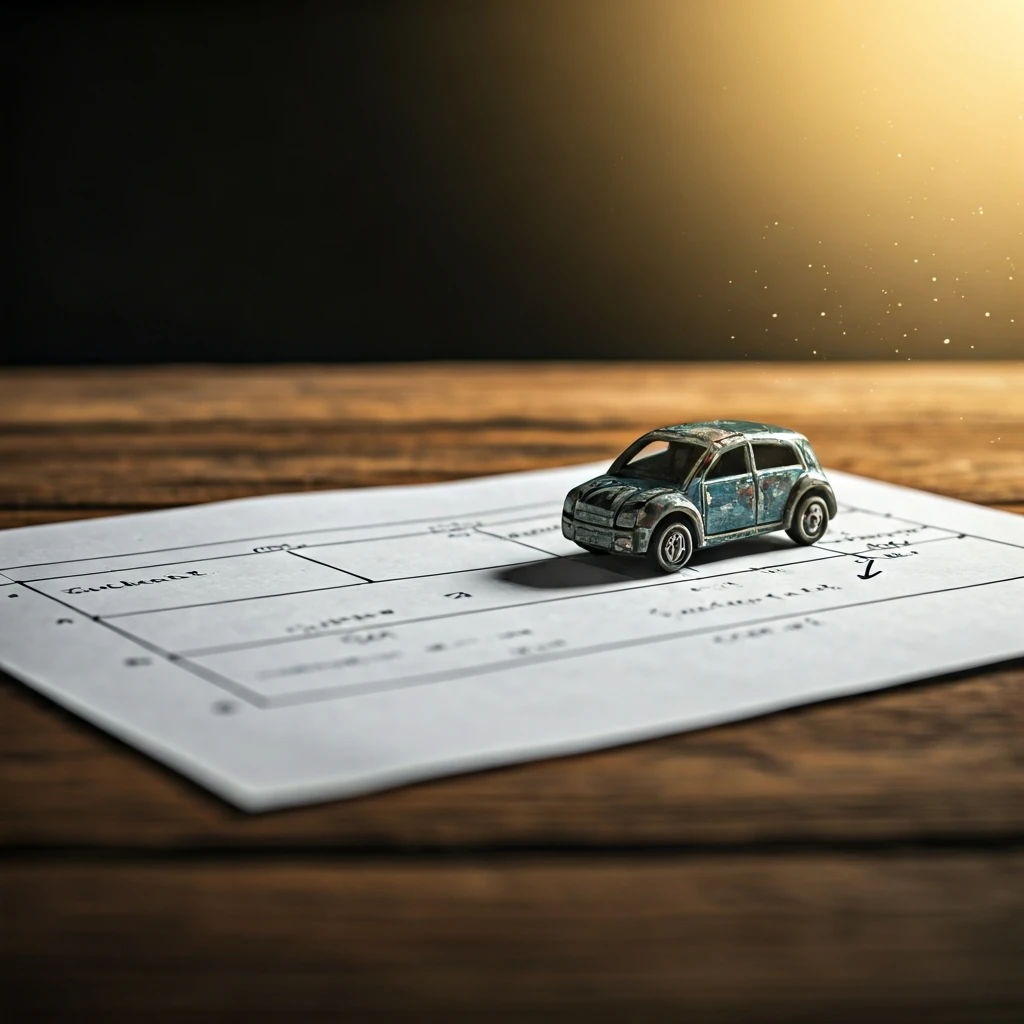 A detailed, hand-drawn family budget plan laid out on a dark wooden table, with a small toy car symbolizing financial goals, illuminated by warm, directional sunlight.