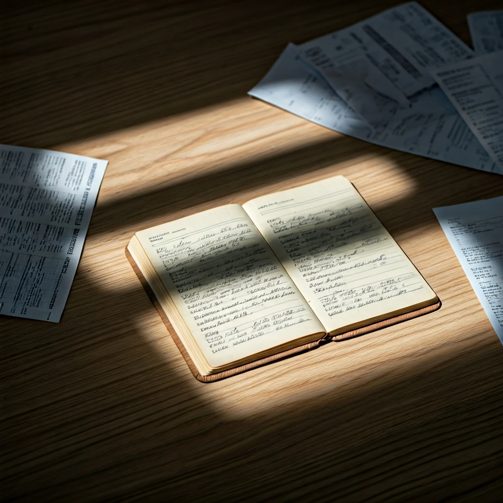 A detailed, high-contrast image of various financial documents, including bank statements and a handwritten expense notebook, spread across a wooden desk under focused, dramatic lighting, symbolizing the initial phase of tracking household spending.