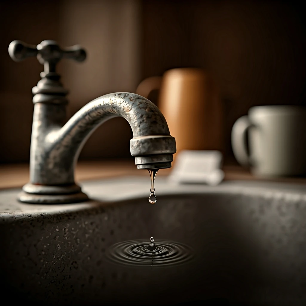 A close-up of a slowly dripping kitchen faucet, symbolizing overlooked small expenses silently draining family finances.