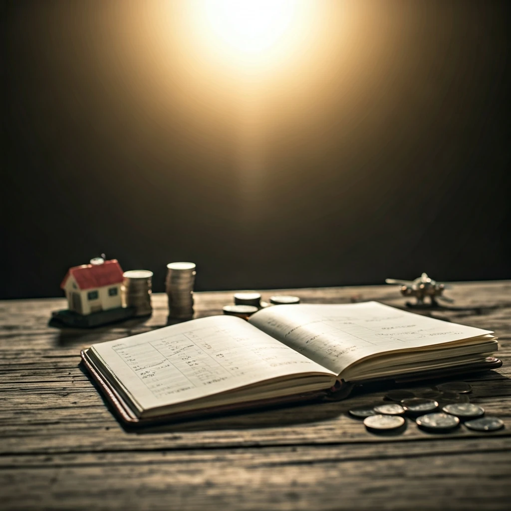 A family budget planner, open on a wooden table under warm, golden sunlight, surrounded by small, symbolic objects representing financial goals like a house, a vacation, and savings.