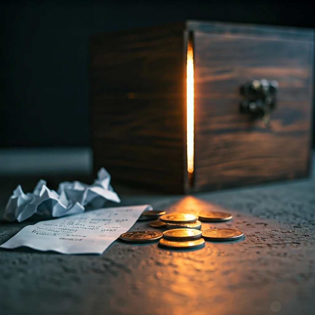 A subtle stream of light flows from everyday items like a coffee cup and crumpled receipts towards a glowing, antique-style wooden savings box, symbolizing automated savings moving funds away from impulse buys.