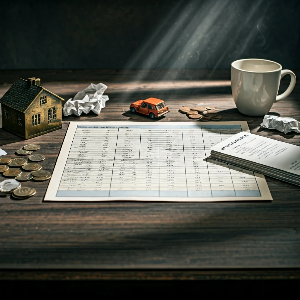 A detailed overhead view of a handwritten household budget plan on a distressed wooden table, surrounded by objects symbolizing fixed expenses like a miniature house and car, and variable expenses like coins and a grocery list, illuminated by soft natural light.