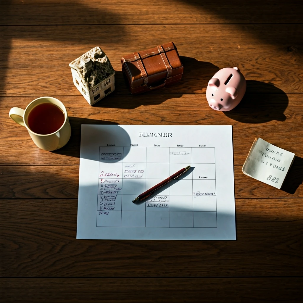Overhead view of a detailed household budget planner on a rustic kitchen table, surrounded by tangible representations of family savings goals like a miniature house, suitcase, and piggy bank, illuminated by warm morning light.