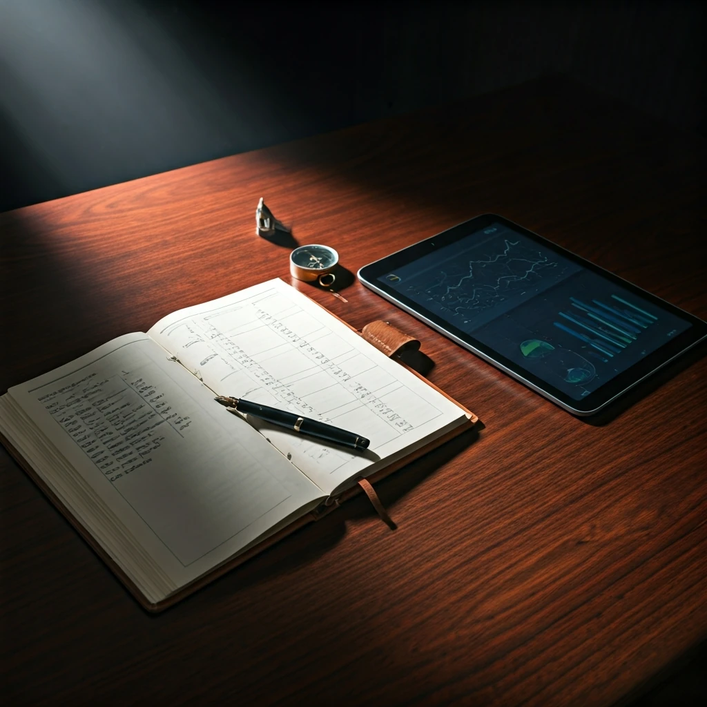 Overhead view of a meticulously arranged desk with a vintage financial ledger, a modern tablet displaying financial charts, and miniature symbols representing future family goals, illustrating advanced savings strategies.