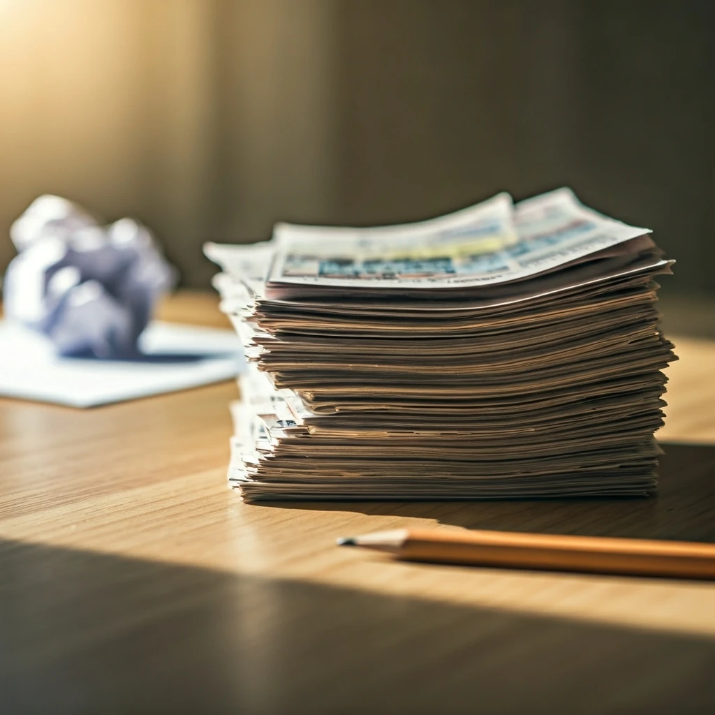A close-up of a collection of printed paper coupons and a handwritten shopping list on a wooden kitchen table, highlighting their tangible role in family budgeting.