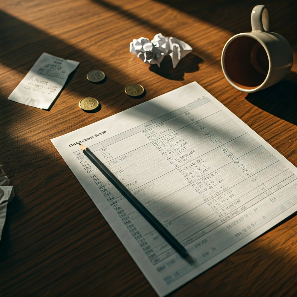 A close-up view of a detailed budget template on a wooden desk, surrounded by everyday expenses like a coffee cup and receipts, symbolizing the act of tracking personal finances.