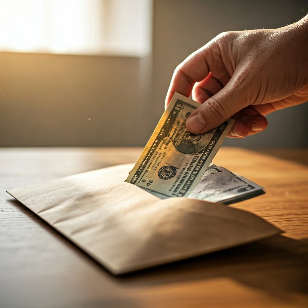 A hand placing printed discount coupons into a 'Savings Goal' envelope, illustrating a household budgeting method.
