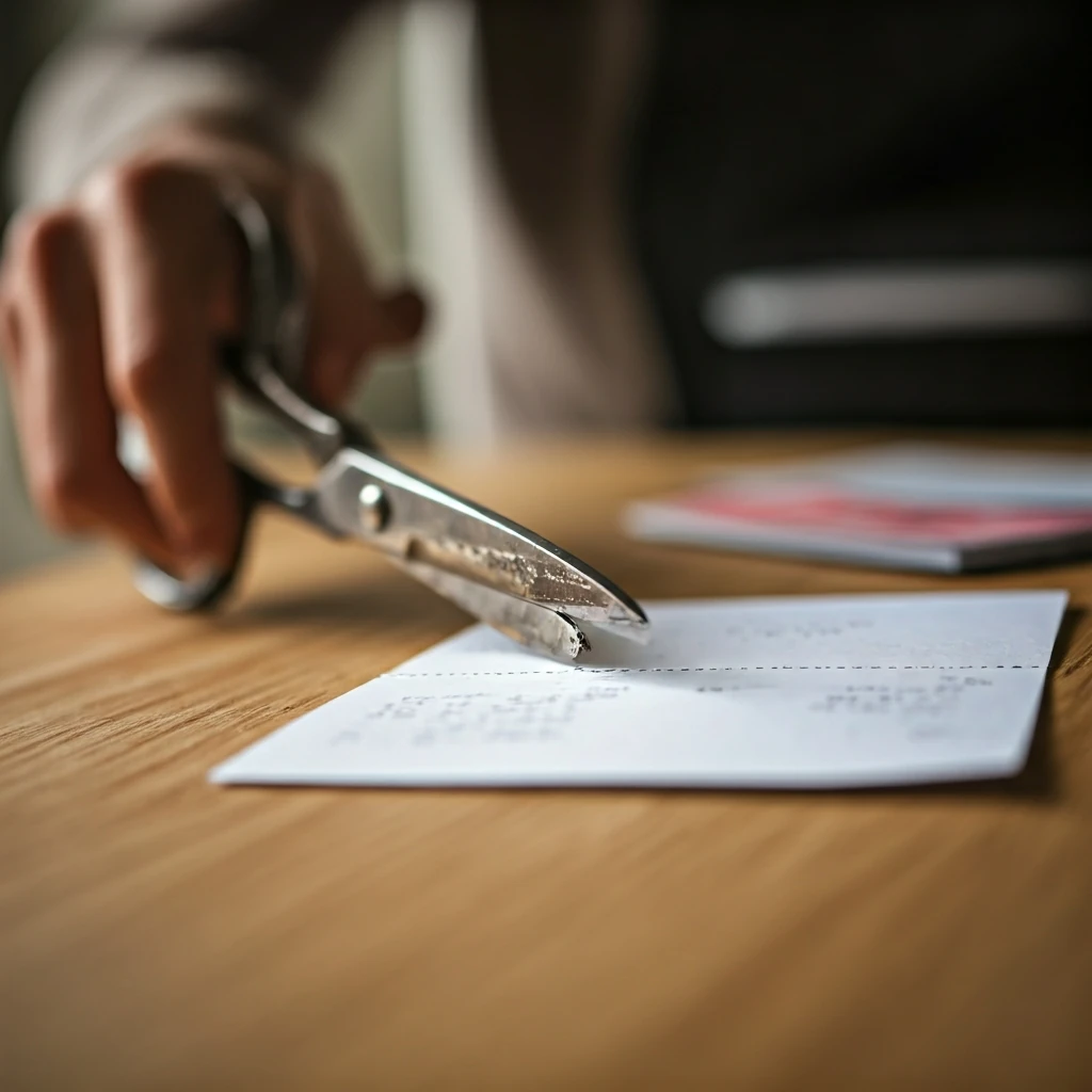 A pair of metal scissors cuts a printed paper coupon on a wooden table, surrounded by other coupons and a shopping list, symbolizing tangible home savings.