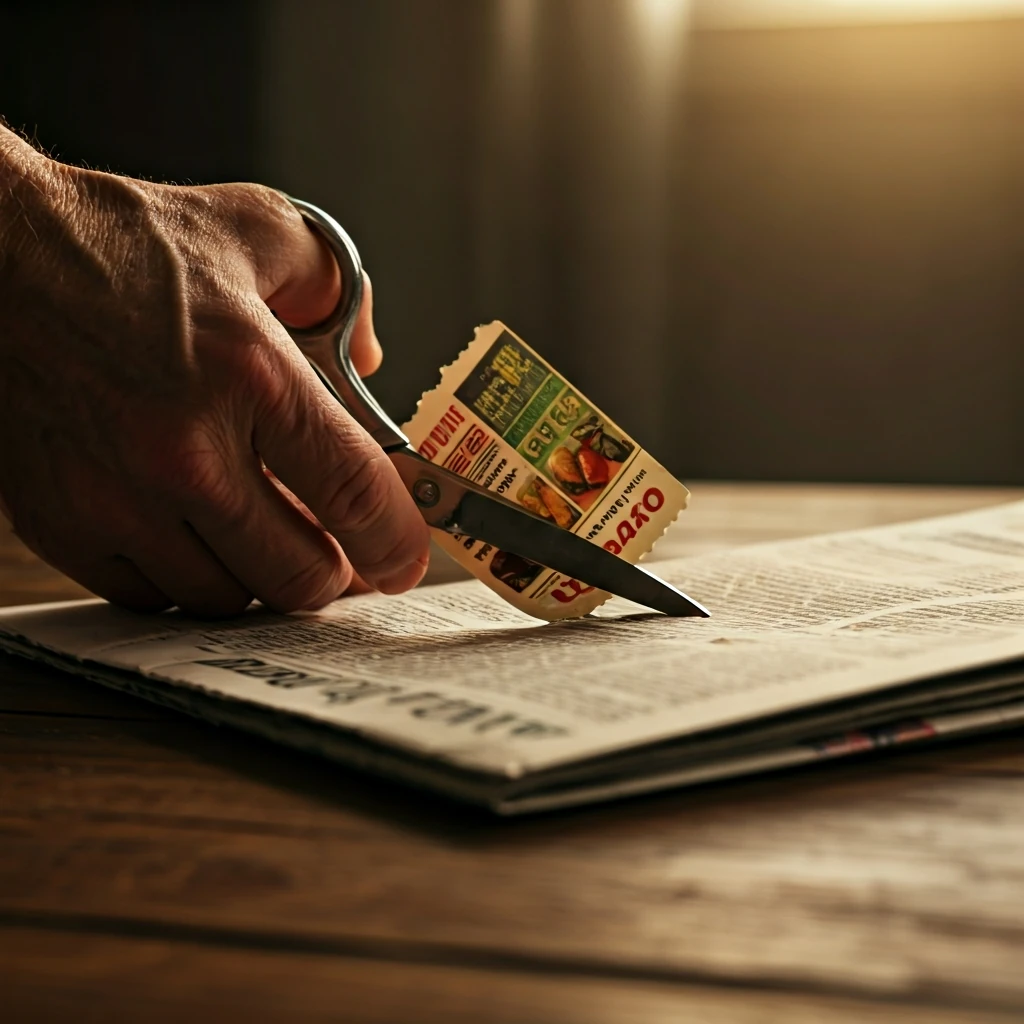 Close-up of a hand using scissors to clip a grocery coupon from a Sunday newspaper on a wooden table, illustrating the enduring appeal of tangible discounts for household budgeting.