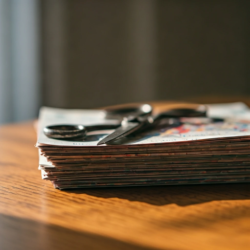 A close-up view of printed coupons and metal scissors on a wooden table, symbolizing the tangible and mindful process of coupon organization for household savings.