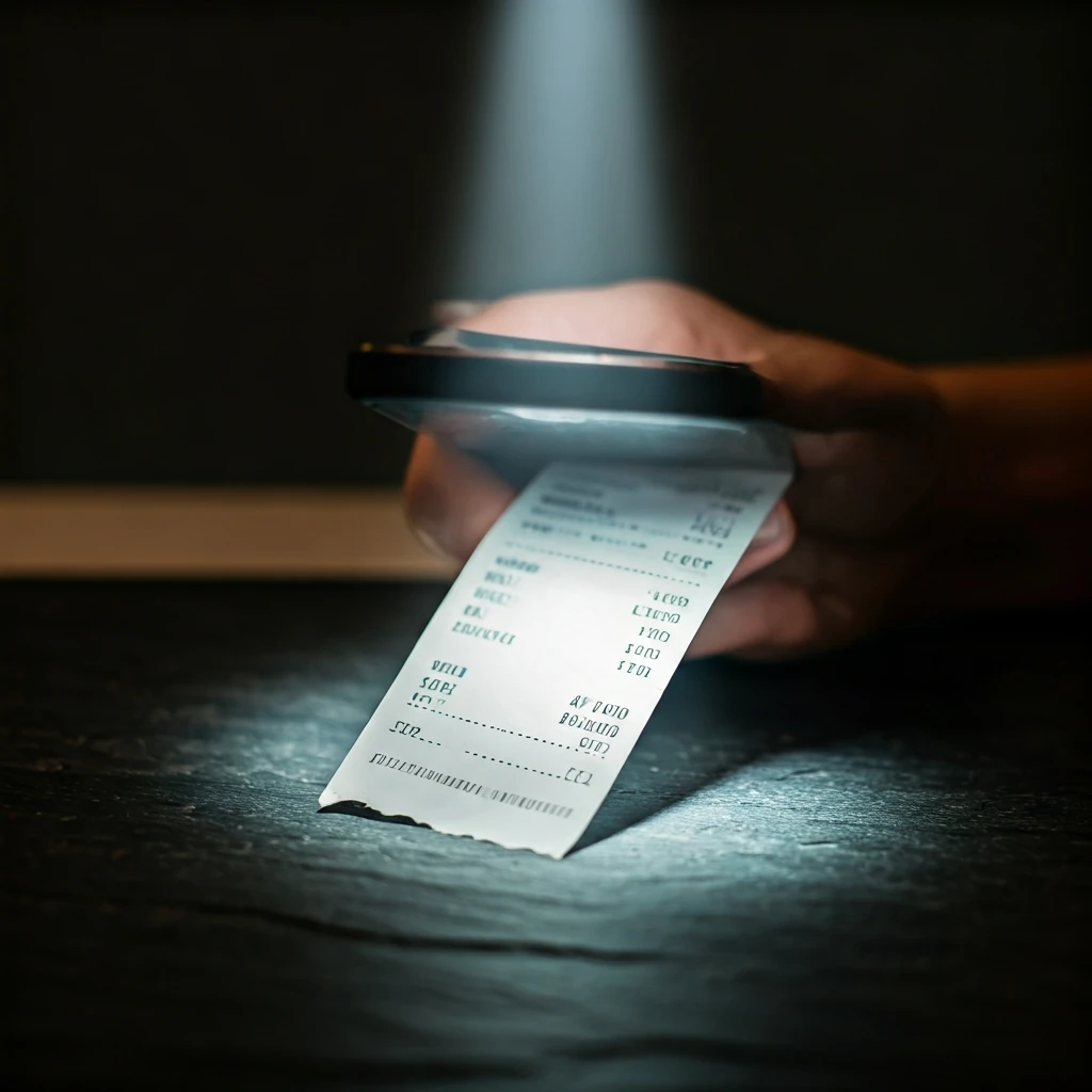 A smartphone screen displaying digital savings information over a crumpled grocery receipt on a dark kitchen counter, illustrating modern digital couponing and cashback.