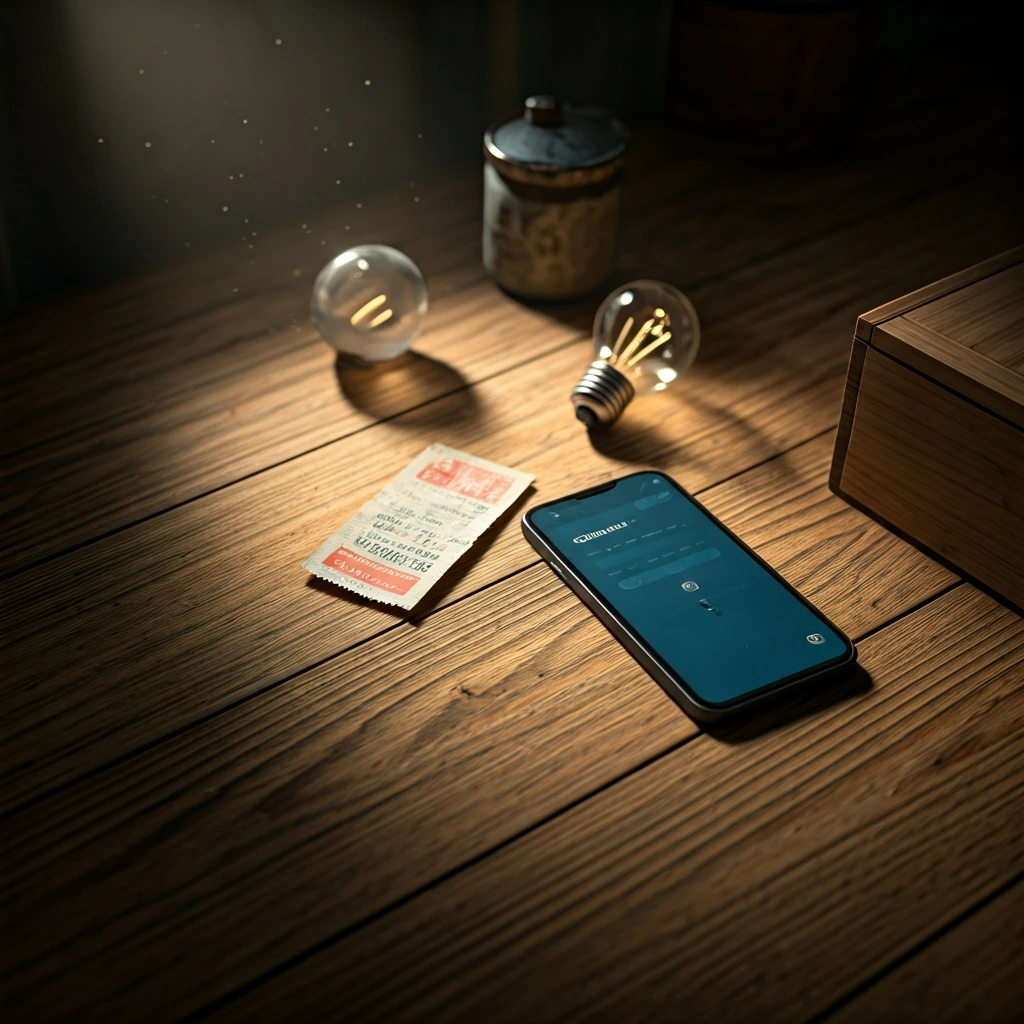 A collection of everyday items representing family savings: a grocery coupon, a smartphone showing a cashback app, and energy-efficient lightbulbs on a wooden table.