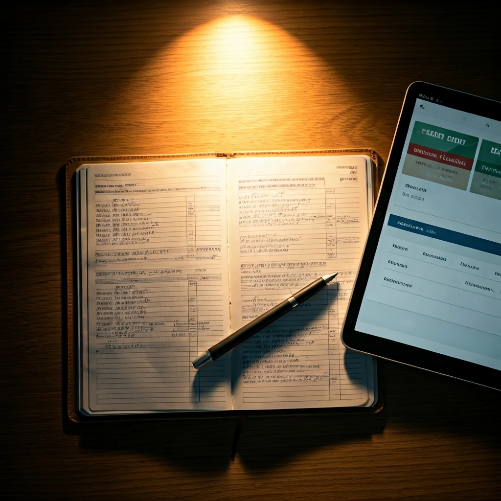 A high-angle view of a neatly organized desk with a budget planner, tablet displaying online deals, and carefully arranged coupons, symbolizing strategic financial management and planning.