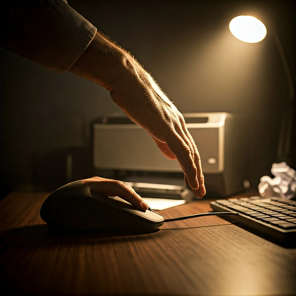 A close-up of a frustrated hand hovering over a computer mouse, a blinking printer error light in the background, symbolizing the common pitfalls of coupon printing.