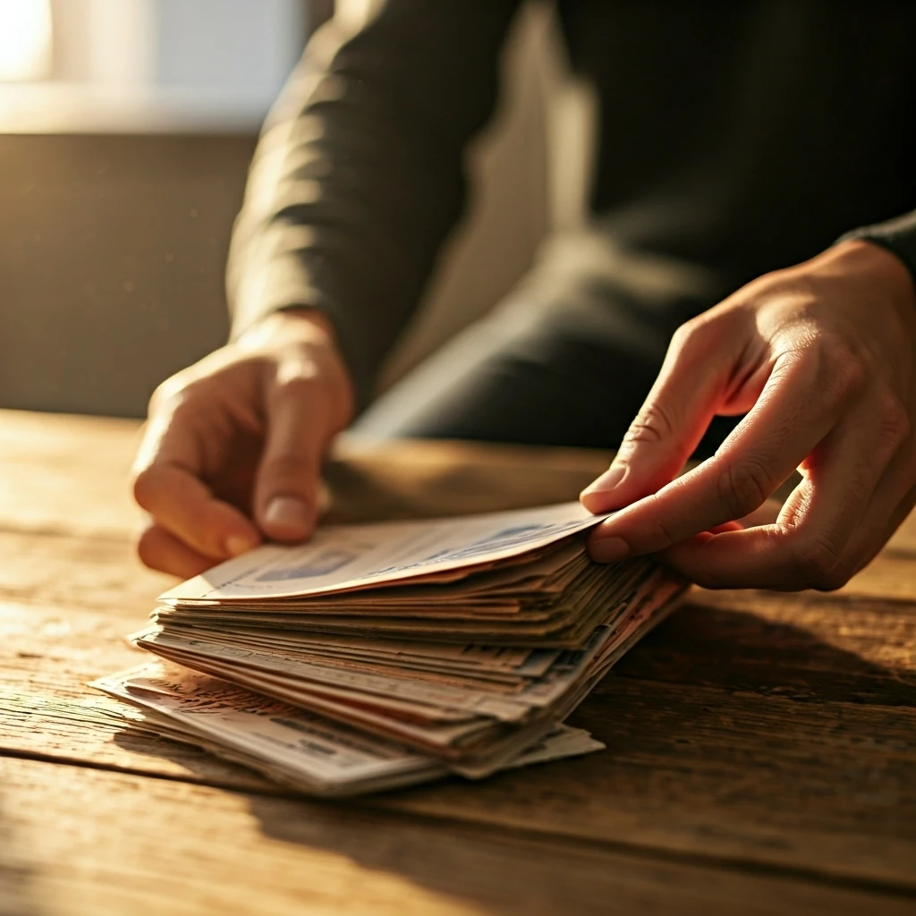 Close-up of hands organizing print coupons on a wooden table, illuminated by warm golden hour light, representing mindful family savings.