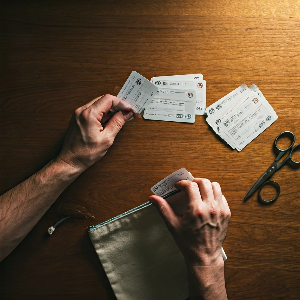 A person's hands organizing a stack of printed paper coupons on a wooden table, emphasizing the tactile experience of traditional saving methods.