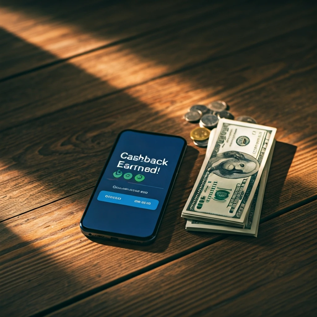 A smartphone screen displaying a 'Cashback Earned' notification next to a neatly stacked pile of dollar bills and shiny coins on a wooden table, illuminated by warm sunlight.