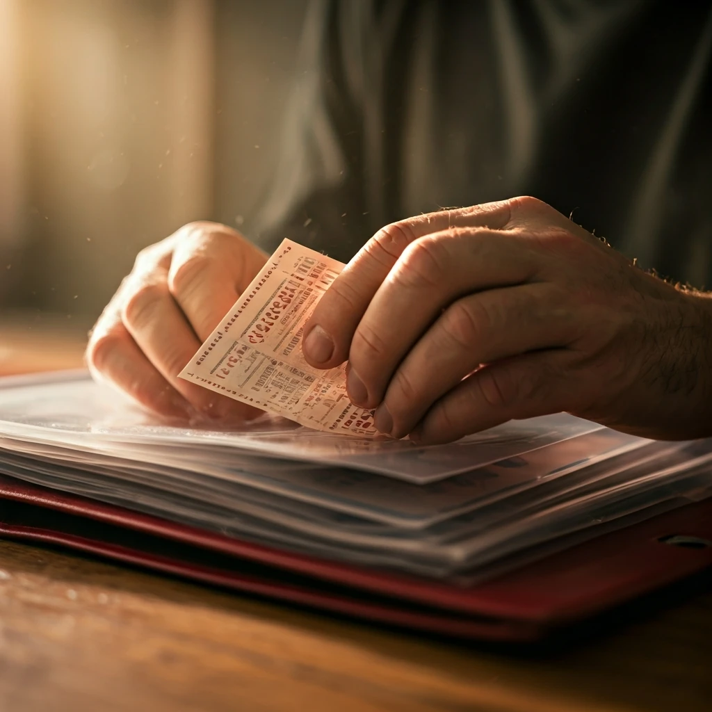 Close-up of hands organizing paper coupons into a worn coupon binder on a wooden table, emphasizing the tangible connection to savings.