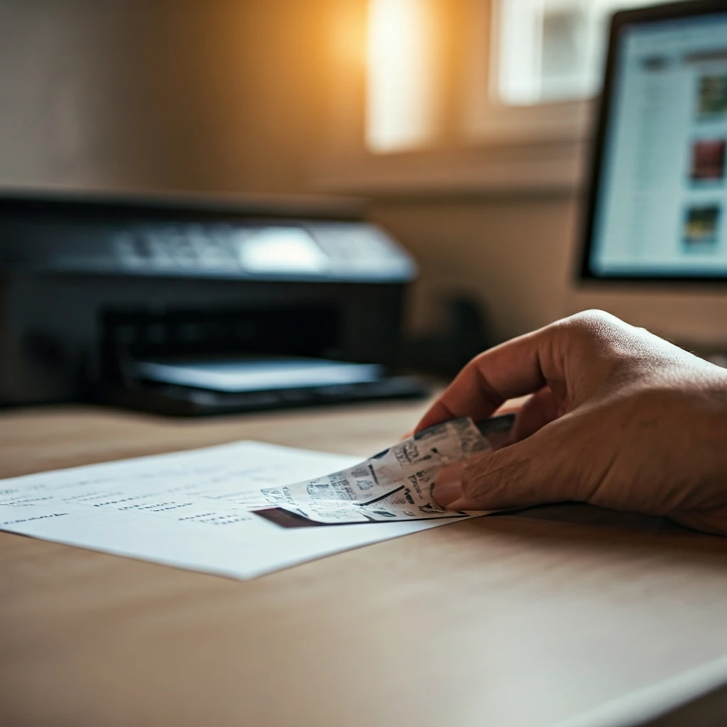A hand matching a printed coupon with a handwritten shopping list on a kitchen counter, with a home printer and computer screen in the background, illustrating savings.