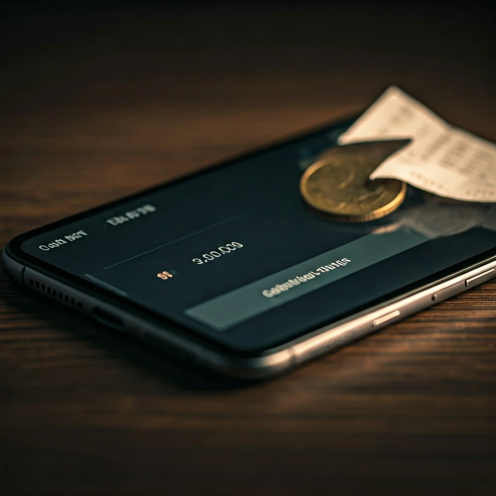 A close-up of a smartphone displaying a cashback app interface, with physical coins and a grocery receipt beside it, symbolizing digital savings from everyday spending.