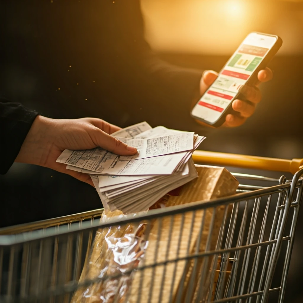 A shopper's hands combine physical print coupons with a digital coupon displayed on a smartphone, over a grocery item in a shopping cart, illustrating the concept of coupon stacking.