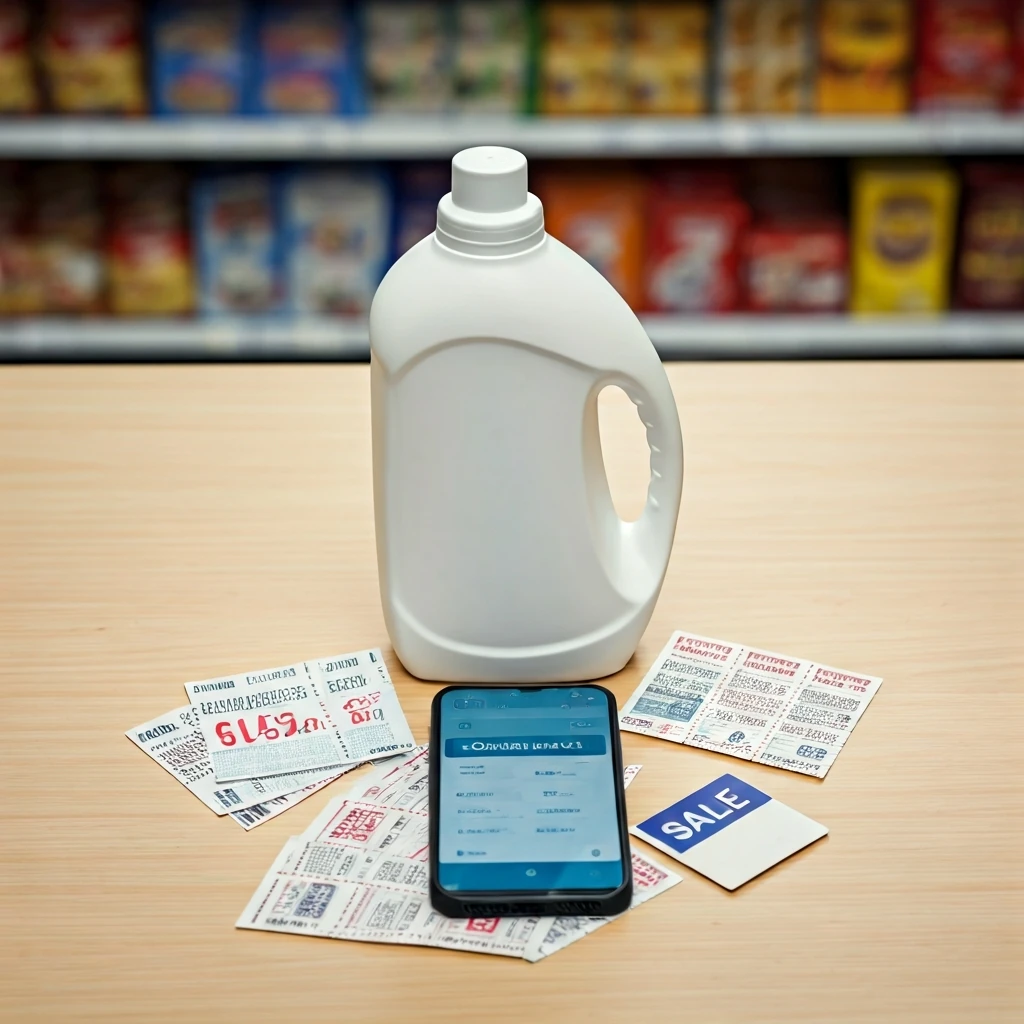 A bird's-eye view of a bottle of laundry detergent on a checkout counter, surrounded by layered paper coupons, a smartphone showing a cashback app, and a 'SALE' tag, symbolizing deal stacking.