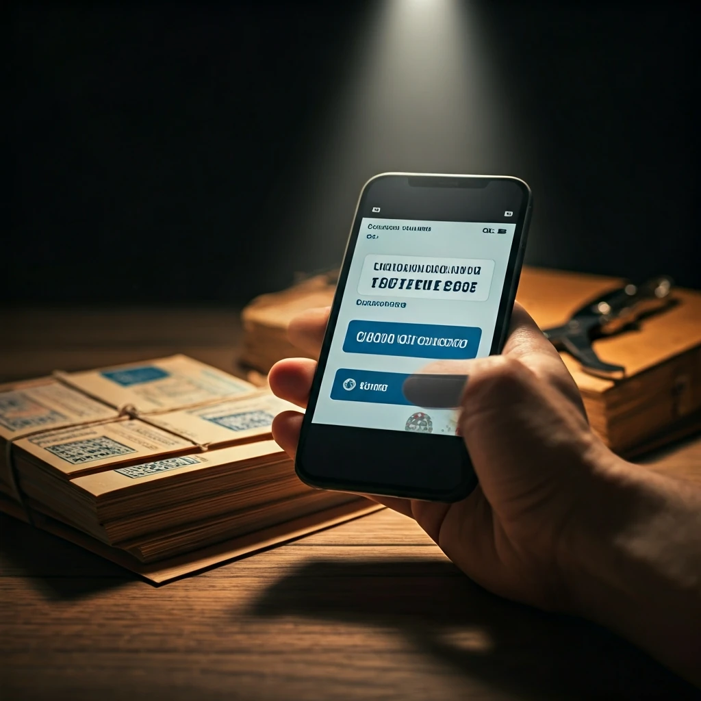 A close-up showing a smartphone with a digital coupon app in sharp focus, with blurred vintage paper coupons and a binder in the background, illustrating the evolution of saving strategies.