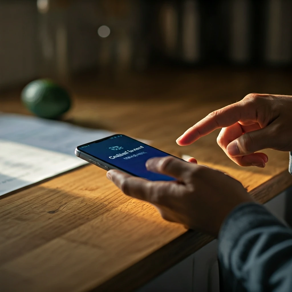 A hand holds a smartphone displaying a 'Cashback Earned' notification, with a grocery list and an avocado subtly blurred on a kitchen counter in the background, illustrating digital savings for family budgeting.