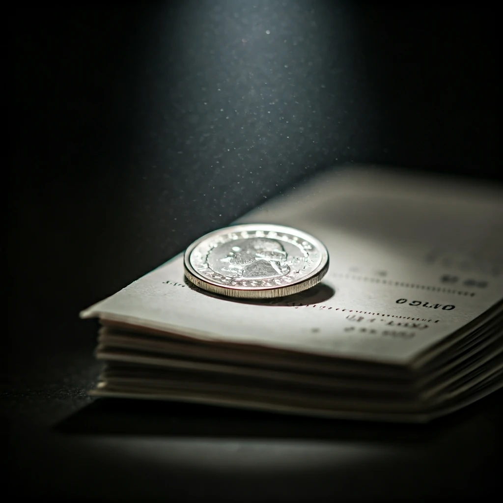 A close-up macro shot of a single shiny coin partially hidden under a stack of crumpled paper receipts, symbolizing a small financial reward being uncovered.