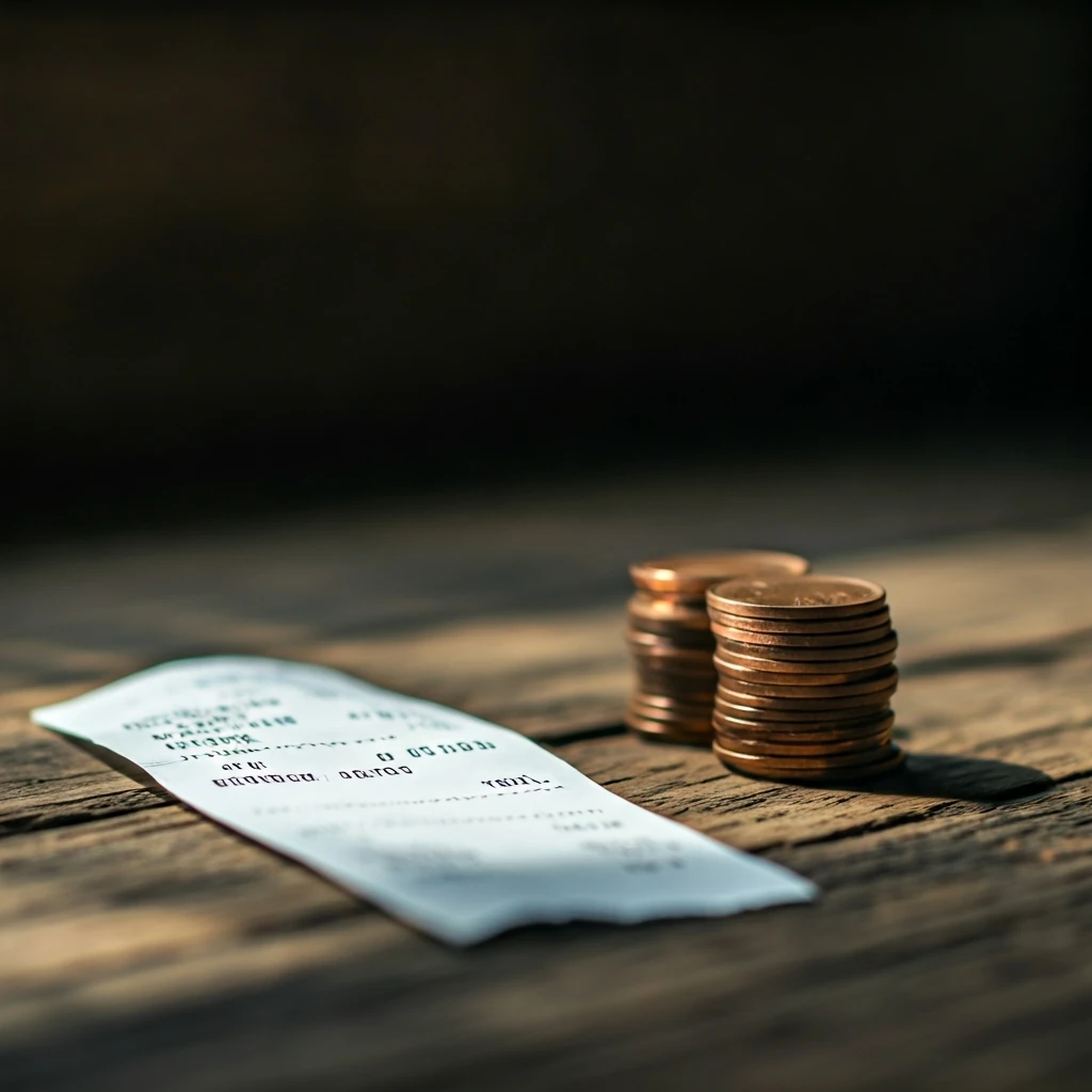 A detailed close-up of a crumpled paper receipt showing a total amount, with a small stack of copper coins next to it, symbolizing a cashback reward after a purchase.