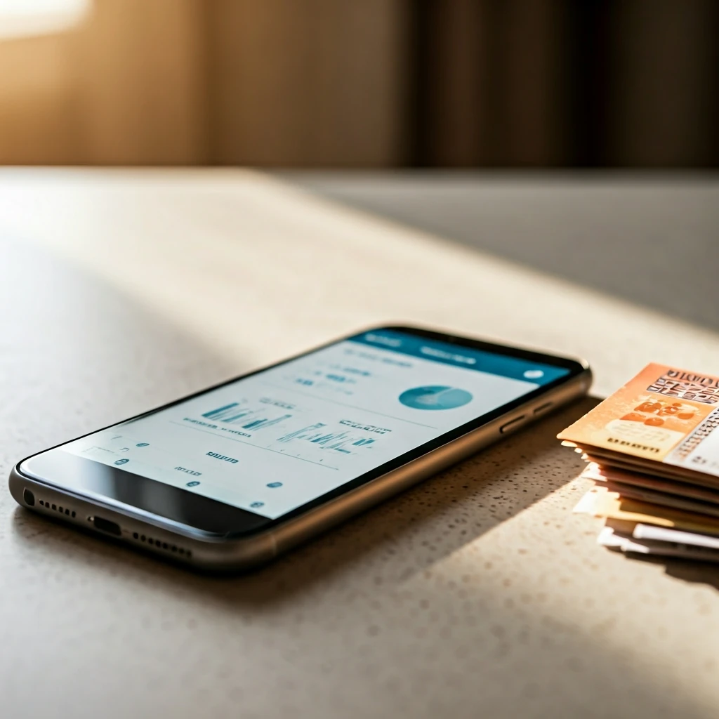 A smartphone displaying a generic cashback app interface next to a stack of physical grocery coupons on a kitchen counter, symbolizing modern and traditional family budgeting strategies.
