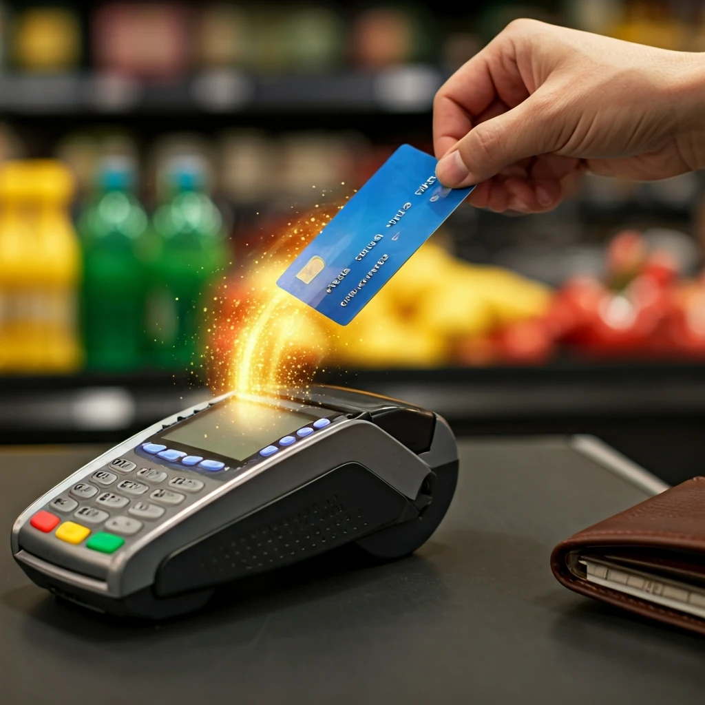 A credit card tapping a payment terminal at a grocery store, with a subtle golden glow symbolizing cashback returning to a wallet.